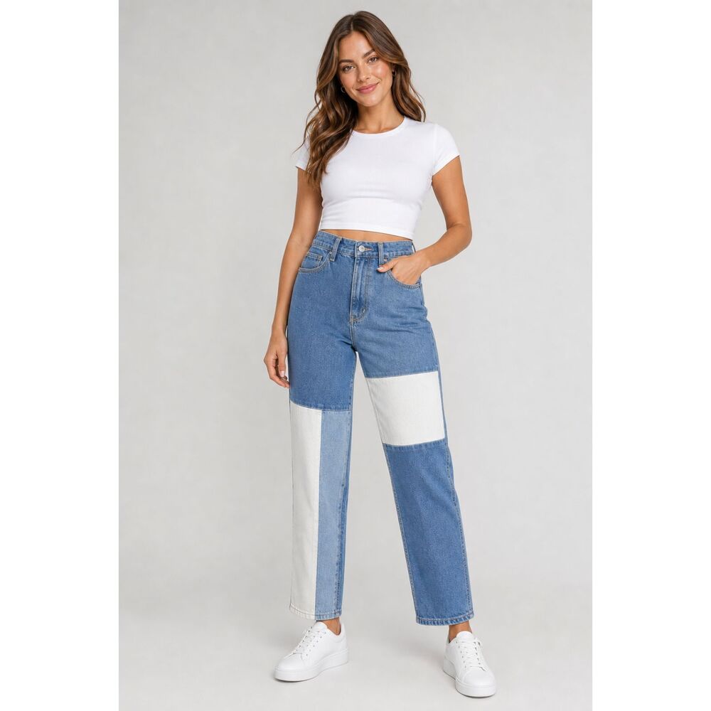 Hollister Ultra High Rise Mom Jeans Color Block Two Tone Stretch Denim Sz 1S W25